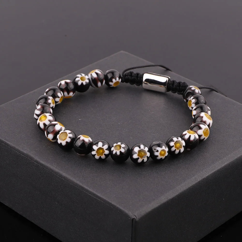 New Fashion 6mm Lampwork Glass Colored Glaze Sunflower Beads Adjustable Custom Macrame Bracelet Women Jewelry JBS12281