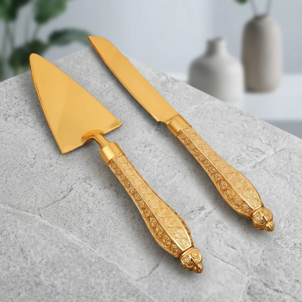 2026 New Arrived Gold Zinc Alloy Flatware Set with Pizza Cutter Wedding Cake Knife & Server 2Pack for Baking and Restaurants