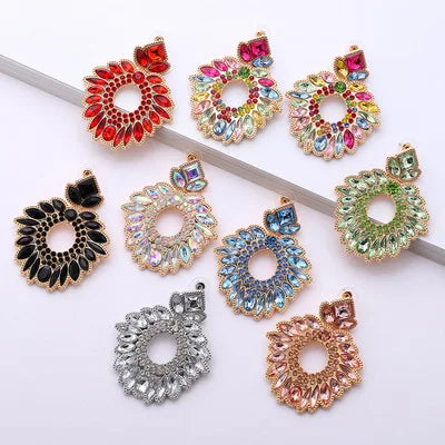Ins New Arrivals Gold Plated Geometric Multicolor Rhinestone Statement Earrings Colorful Crystal Flower Drop Earrings for Party