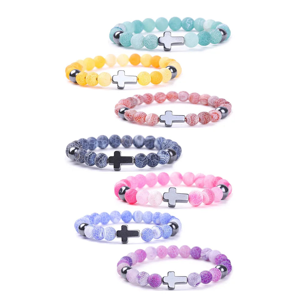 High Quality Colorful Natural Lava Stone Bead Cross Pendant Couple Bracelet