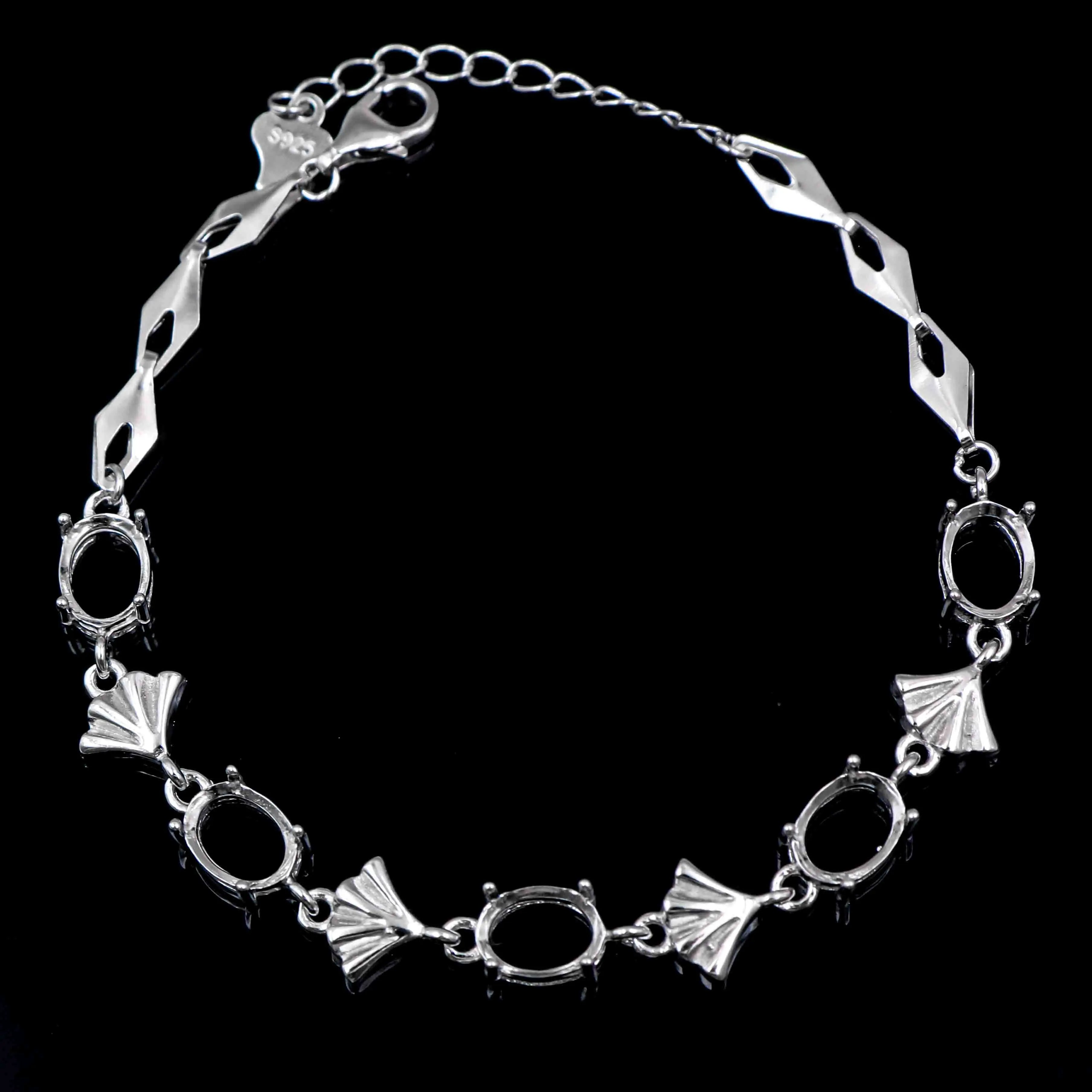 Sterling Silver 6*8mm Semi Mount Bracelet Empty Support Blank Claws Setting S925 Base Holder Without Center Stone for Inlay DIY