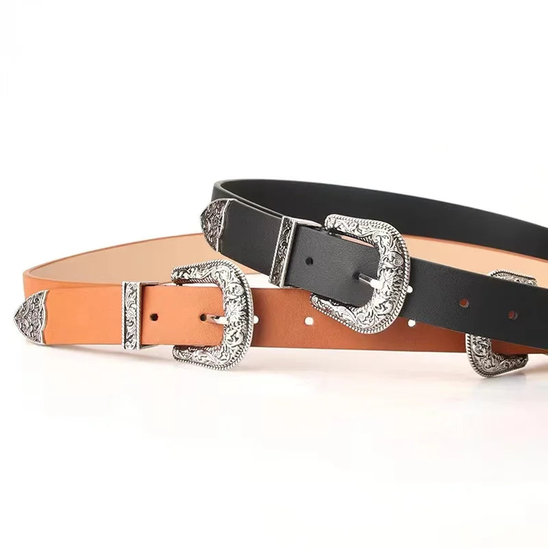 New Women's Belt European and American Retro Carved Alloy Buckle Belt Versatile Jeans Clothing Buckle Belts