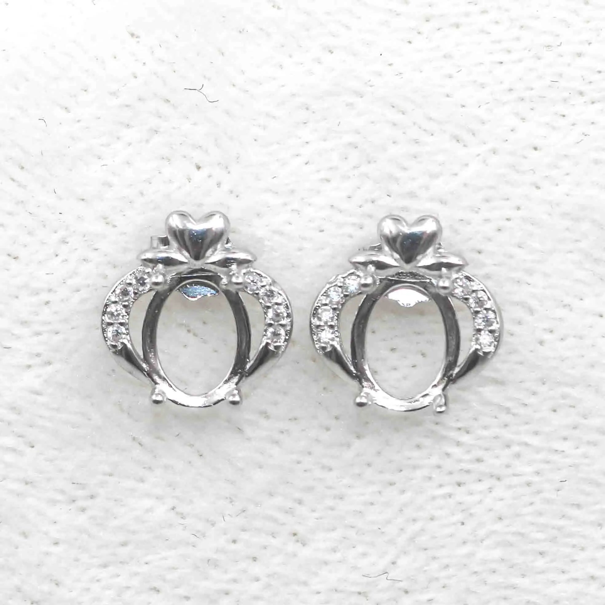 Sterling Silver 6*8mm Semi Mount Stud Earrings Empty Support Blank Claws Setting S925 Base Without Center Stone for DIY Inlay