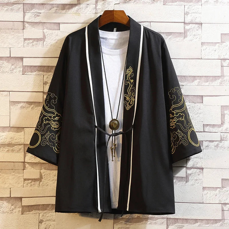 M-5XL Chinese Style Men's Xianhe Embroidered 3/4 Sleeve Top Men's Fashionable Cardigan Thin Hanfu Jacket