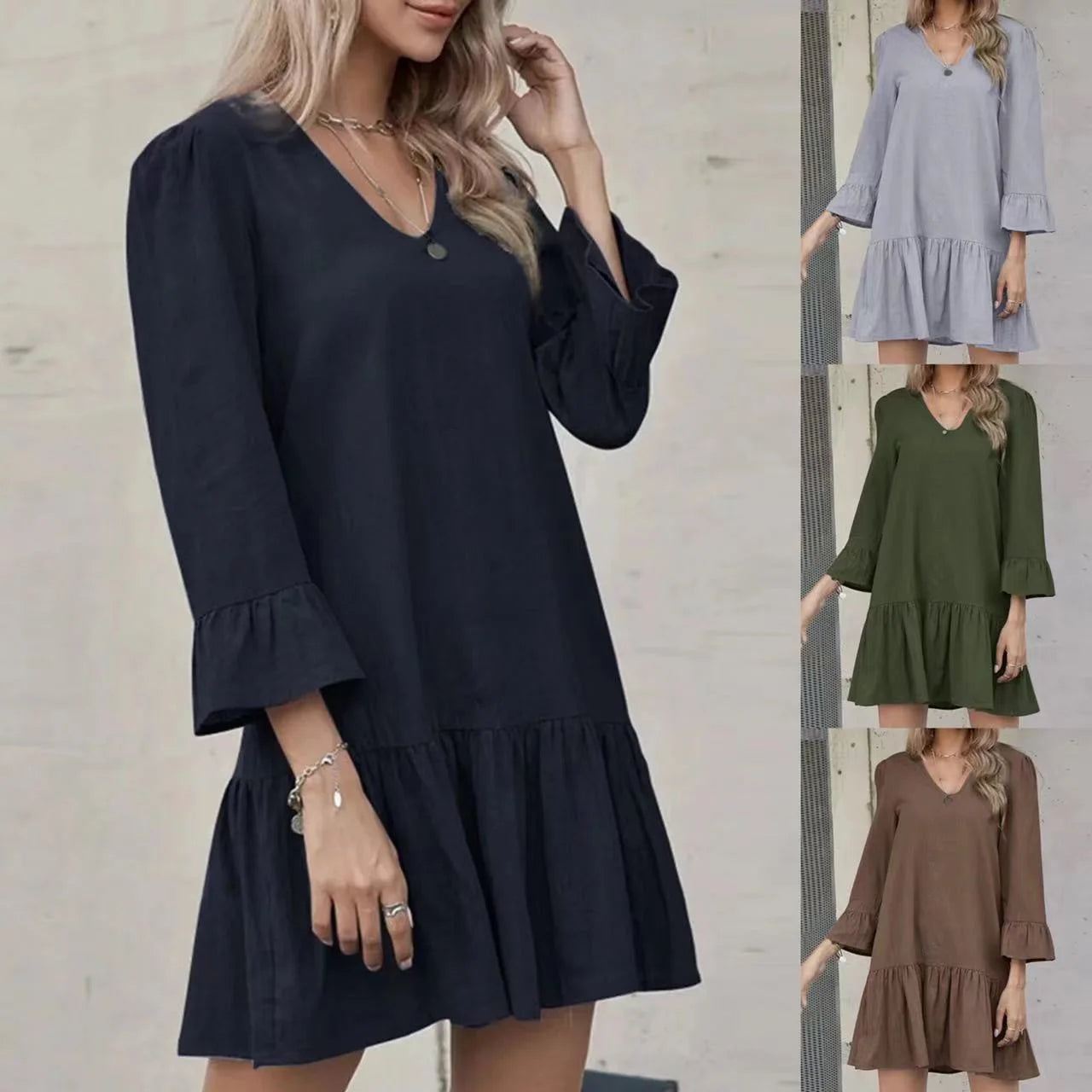 2023 European and American Women's Loose Neckline Solid Pleated Horn Sleeve Cotton Linen Dress