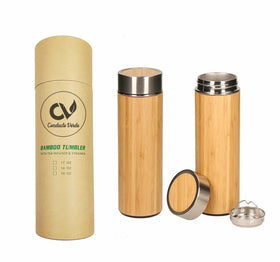Insulated Bamboo Tea Mug Tumbler with Strainer Infuser Double Wall Stainless Steel Liner Bamboo Thermos Coffee Vacuum Flask