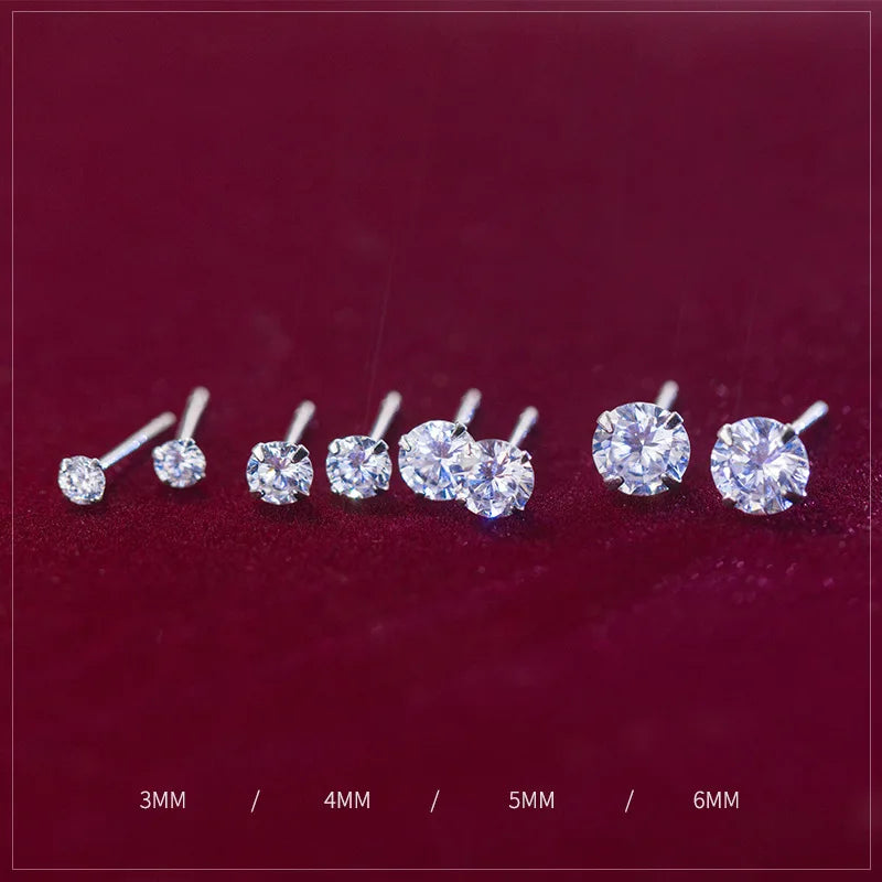 Simple Different Size 925 Sterling Silver CZ Zircon Round Stud Earrings for Women Gifts Wedding Fine Jewelry