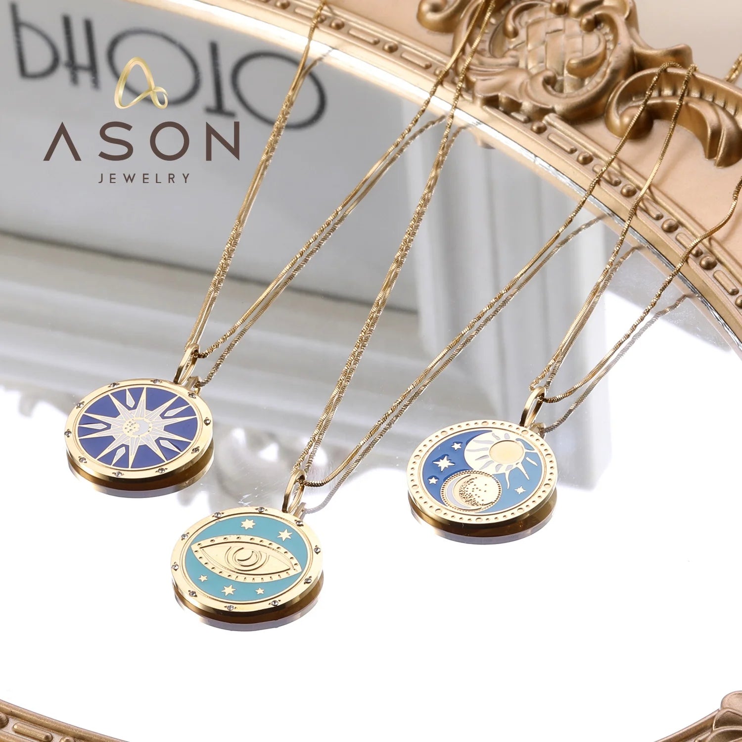 Ason Fashion Gold Plated Stainless Steel Waterproof Tarnish Free Jewelry Diamond Eye Star Moon Sun Pendant Necklace for Women