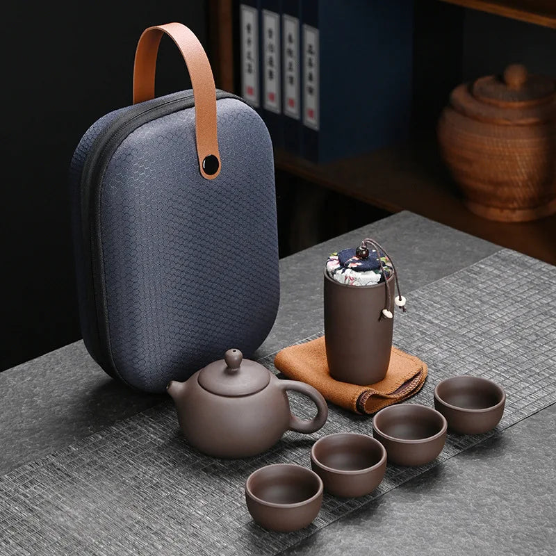 7pcs Set Kung Fu Teapot Beautiful and Easy Teapot KettleChinese Travel Ceramic Portable Tea SetCeramic Tray Coffee Cup Gaiwan MegaBDM