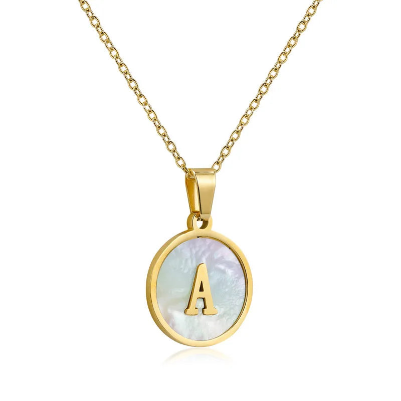 Wholesale Custom Gold Plated Stainless Steel Mother of Pearl Shell Alphabet Letter Pendant Necklace for Women Cute Anniversary