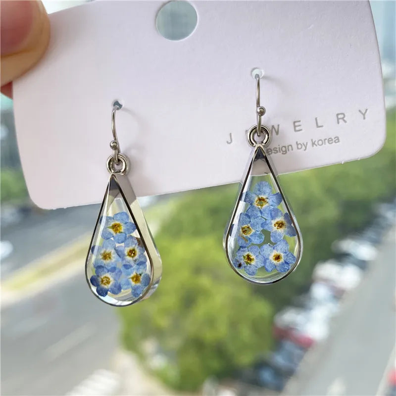New Stainless Steel Jewelry Waterdrop Shape Handmade Pressed Flowers Earrings 2022