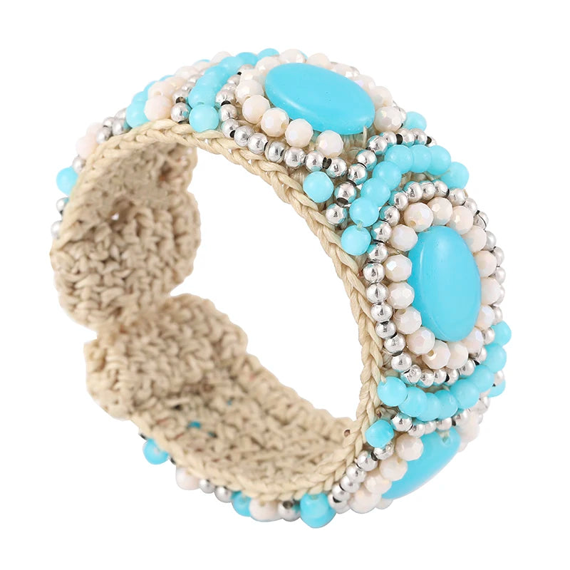 Wholesale Light Blue Crystal Hand-Woven Cuff Bracelet Chunky Trend Ladies' Bangles for Mom Custom Gift Idea