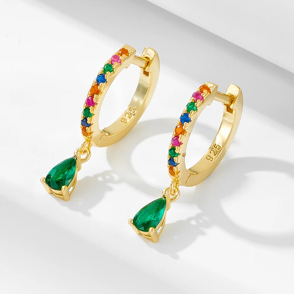 Aretes Por Mayor Fashionable Luxury Emerald Water Drop Zircon Earring S925 Sterling Silver Colored Fine Charm Hoop Earrings