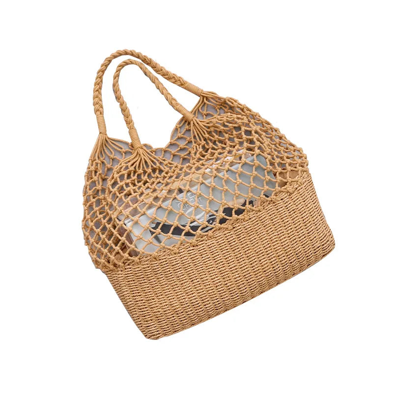 2025 Women's Summer Crochet Straw Tote Bag Handmade Round Storage Basket with Two Straps Rattan Cotton Decorative Letter