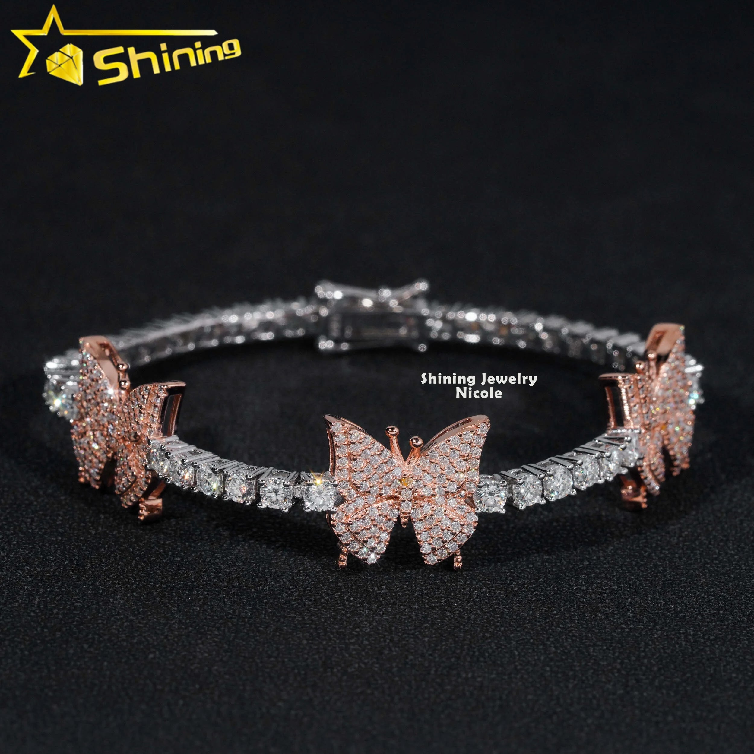 Fashion New Design Hip Hop Two Tone 3mm VVS Diamond Tennis Chain Moissanite Butterfly Bracelet