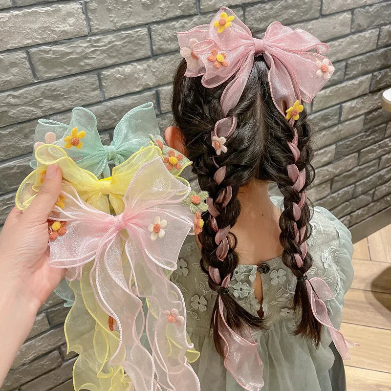 Children Long Ribbon Bowknot Flower Hair Clips Accessories Girl Princess Braided Hair Chain Tassel Hairpin