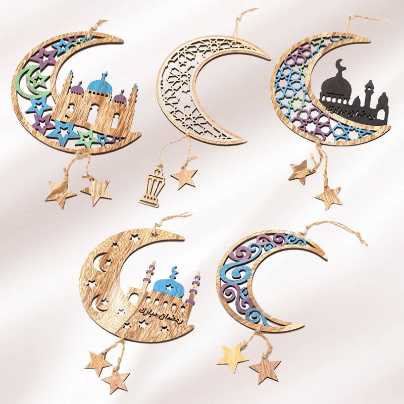 Islamic Muslim Moon Star Wall Art Party Decor Ornaments Wooden Hanging Eid Ramadan Decorations Mubarak Plaque Sign