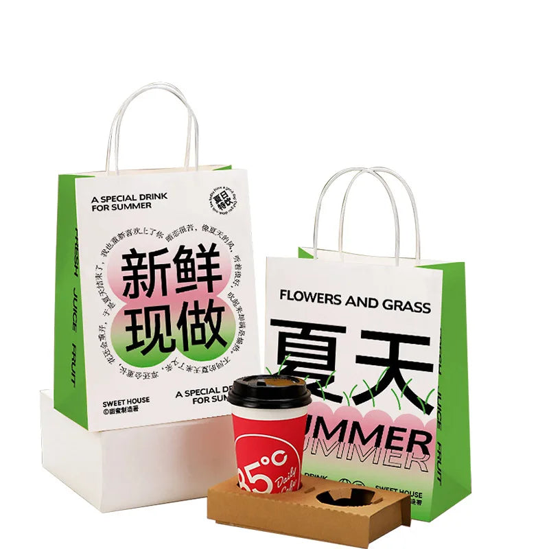 Custom Kraft Paper Bags for Coffee & Milk Tea Takeaway Handbag with Printed Logo-Drink Packing & Gift Bag