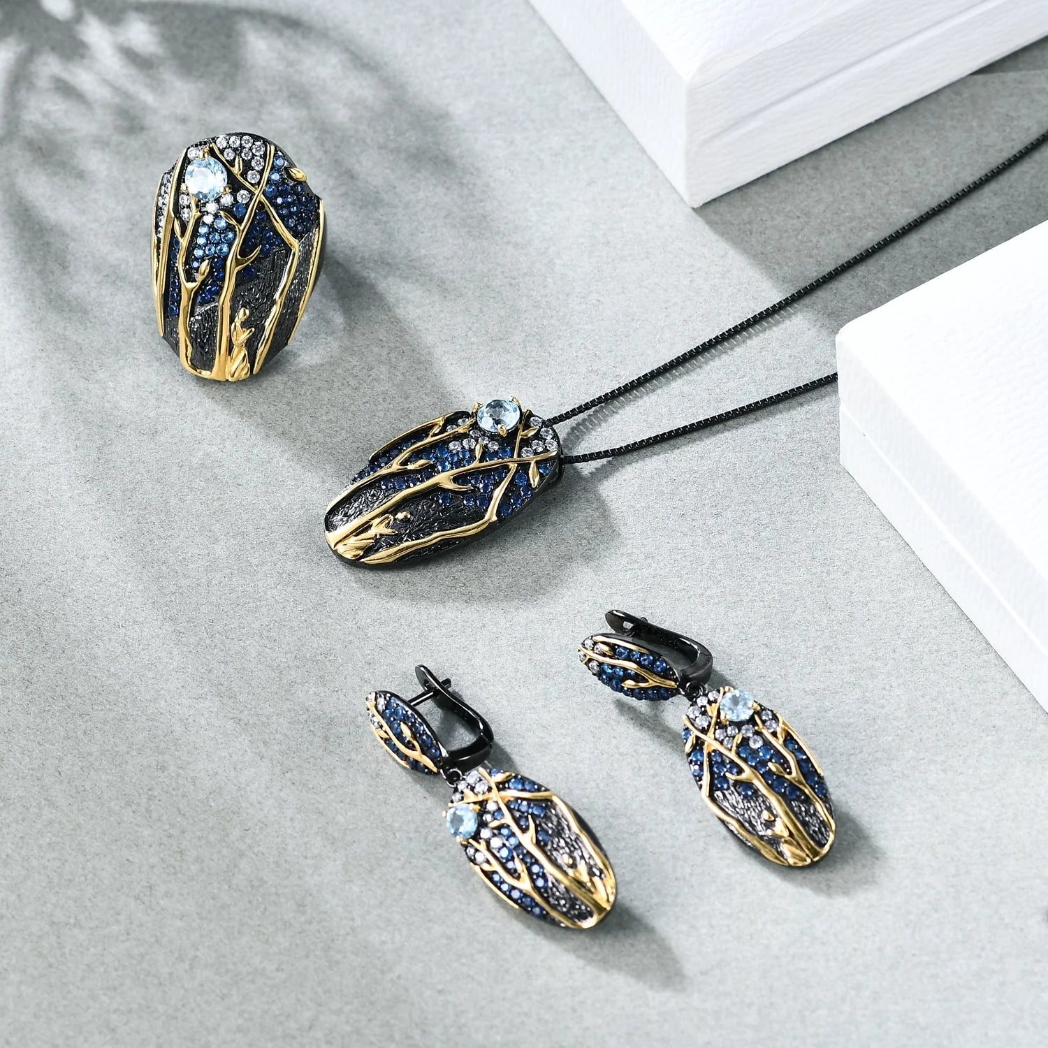 C8206 Abding Black Gun Plated 925 Sterling Silver Elegant Sky Blue Topaz Gemstone Jewellery Set Big Drop Earrings Pendant Ring