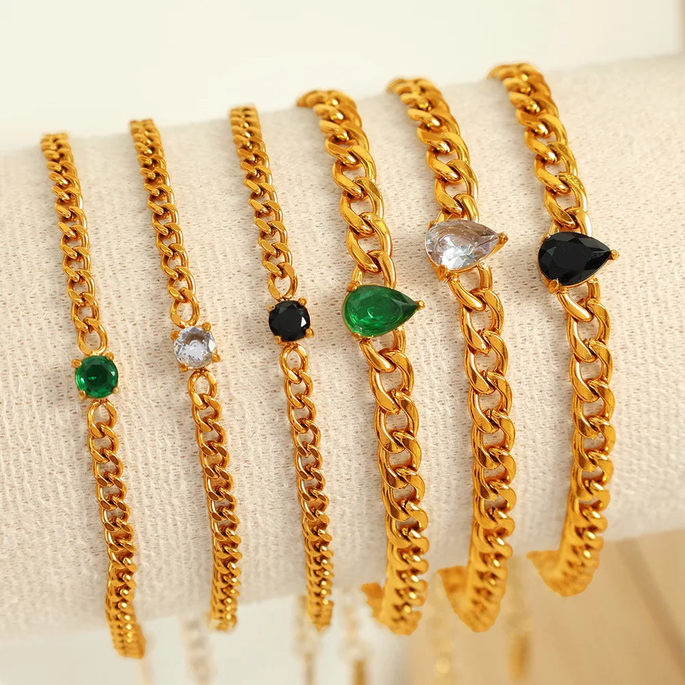 Chunky Fashion Personalized Luxury Stainless Steel 18K Gold Plated Zircon Link Bracelets Bangles Hypoallergenic Jewelry