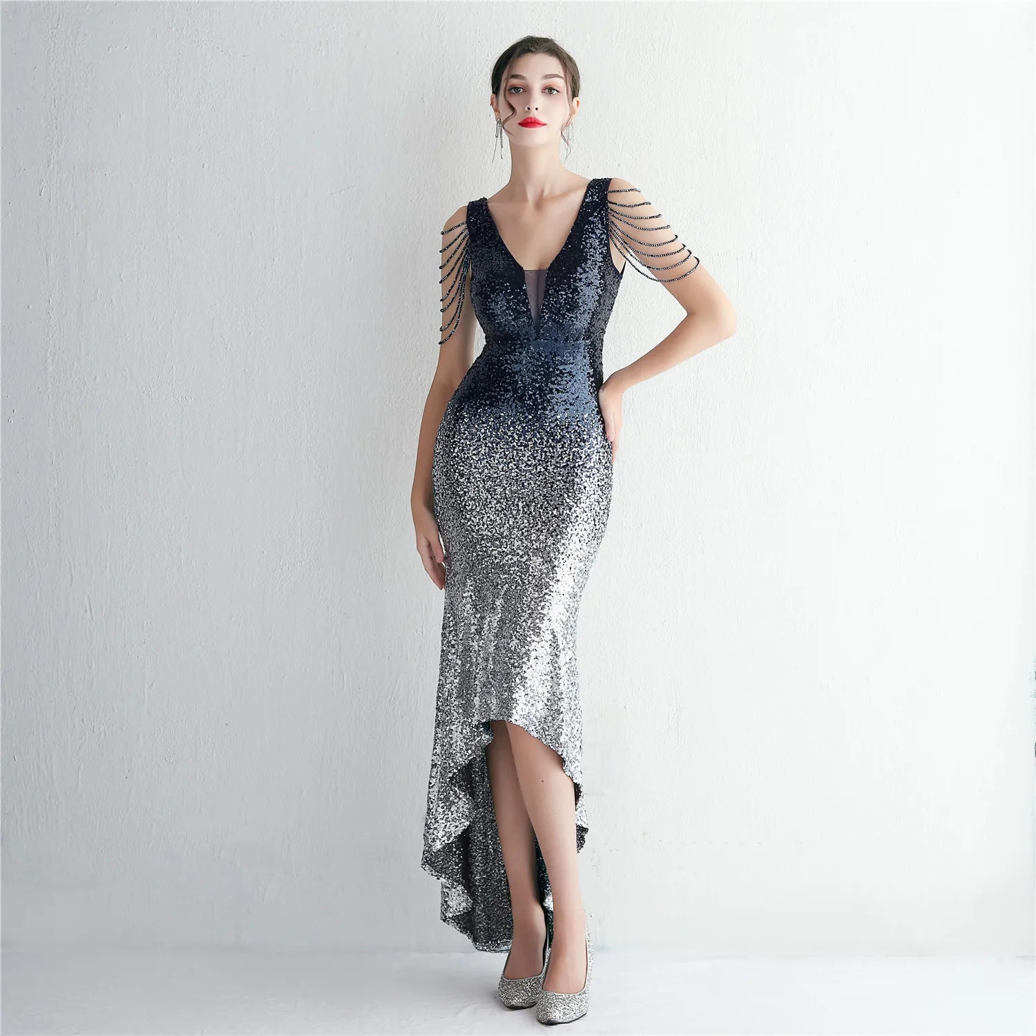 19617# Long Banquet Slim Evening Temperament Elegant Long Gradient Bead Craft Beading Party Dress
