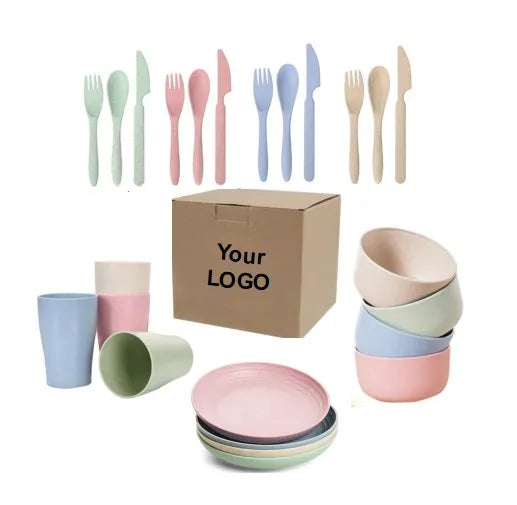 Tuoda Top Sale Lightweight Unbreakable Wheat Straw Plates Bowls Cups Cutlery Set 6/24pcs Dinnerware Sets for Kids