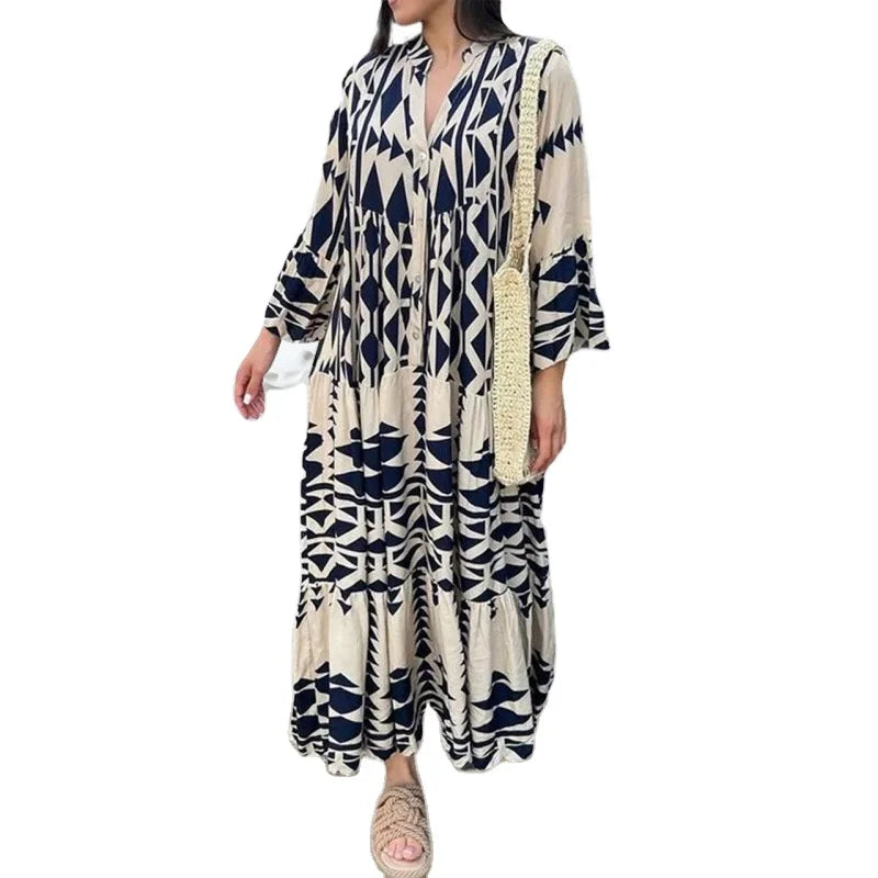 2024 Casual Streetwear Vintage Plus Size Boho Floral Beach Dress Long Sleeve Loose Dresses Elegant Summer Maxi Dress