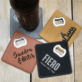 4 Inch Stainless Steel Custom Laser Wedding Coaster Groomsmen Gift Lederuntersetzer Faux Leather Coaster With Bottle Opener