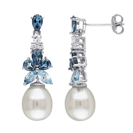 Flower Shaped London Blue Topaz Swiss Blue Topaz CZ and Freshwater Pearl Drop Earrings 925 Sterling Silver Fine Jewelry Bridal