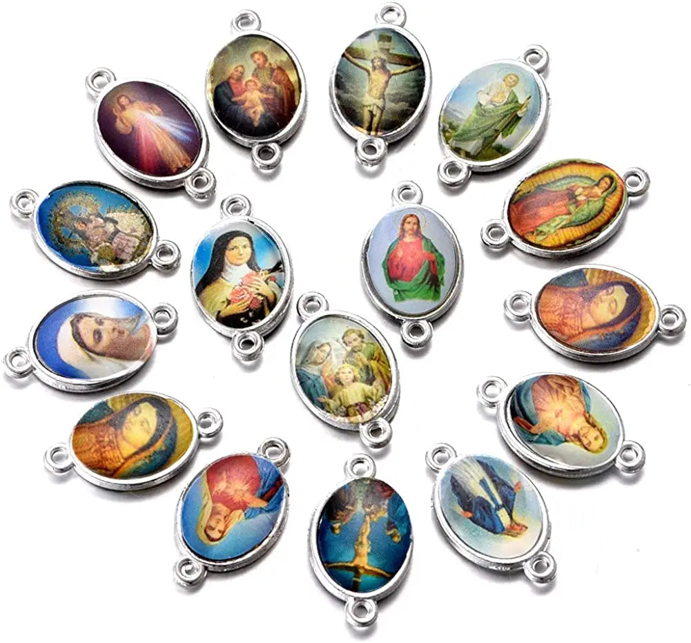 50pcs Mix Picture Oval Double Sided Enamel Our Lady Rosary Centerpiece Cross Jesus Virgin Mary Catholic 12x20mm