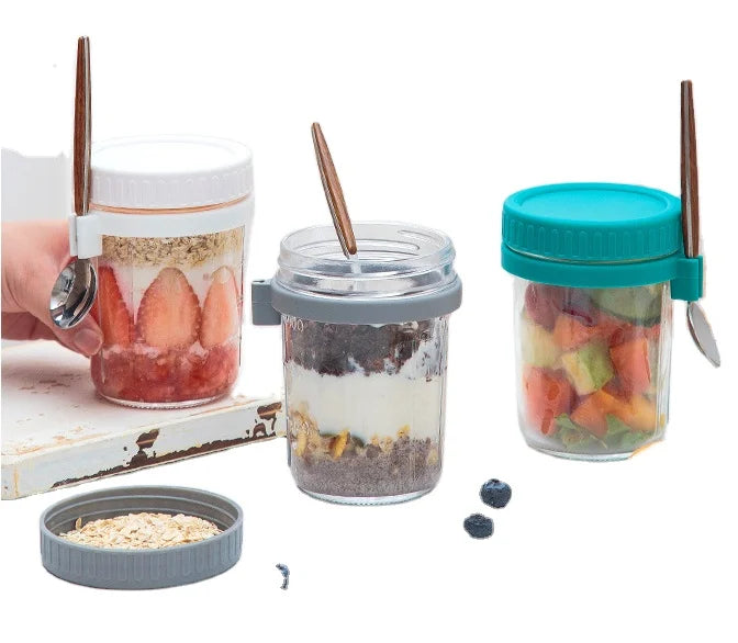 Overnight Oatmeal Cup 350ml Breakfast Cup Portable Glass Salad Jar Airtight Overnight Yogurt Cup Oatmeal Container