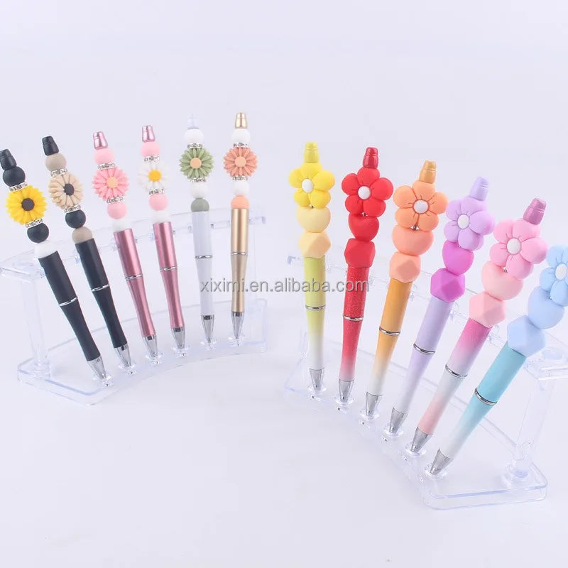 Customized Logo Cheap Creative Daisy Flower Cartoon Beaded Ballpoint Ink Plastic Pens School Office Supplies