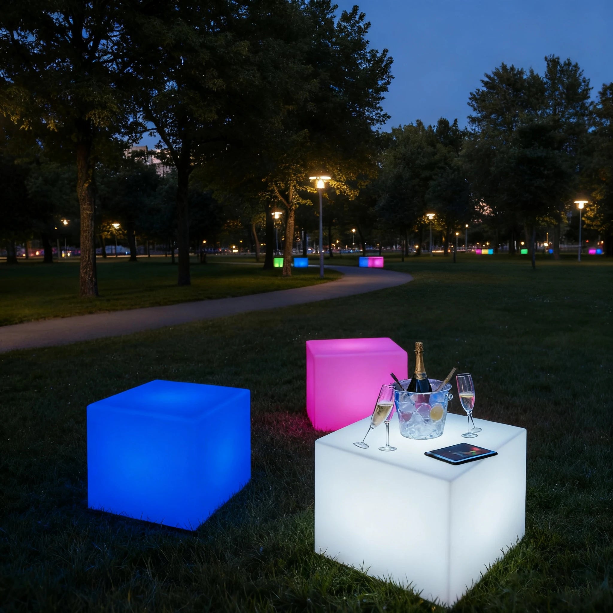Modern LED Cube Patio Furniture Set Rechargeable Waterproof Plastic Table and Chairs for Garden Hotel Park or Hall Use