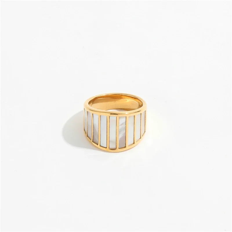 Fenny 18K Gold Plated Retro Irregular Green&White Shell Ring Personality for Women Stainless Steel Wholesale Jewelry