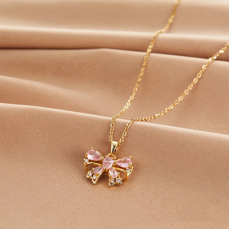 INS Style Vintage Bowknot Butterfly Knot Necklace Women Luxury High-End Titanium Steel Link Chain Versatile Zircon Pendant Party
