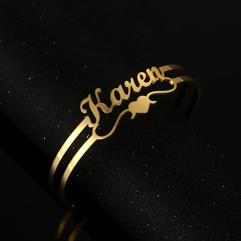 Customized Letter Name Bracelet Bangle Women Men Gold Stainless Steel Heart Personalized Nameplate Bangles Custom Jewelry Gift