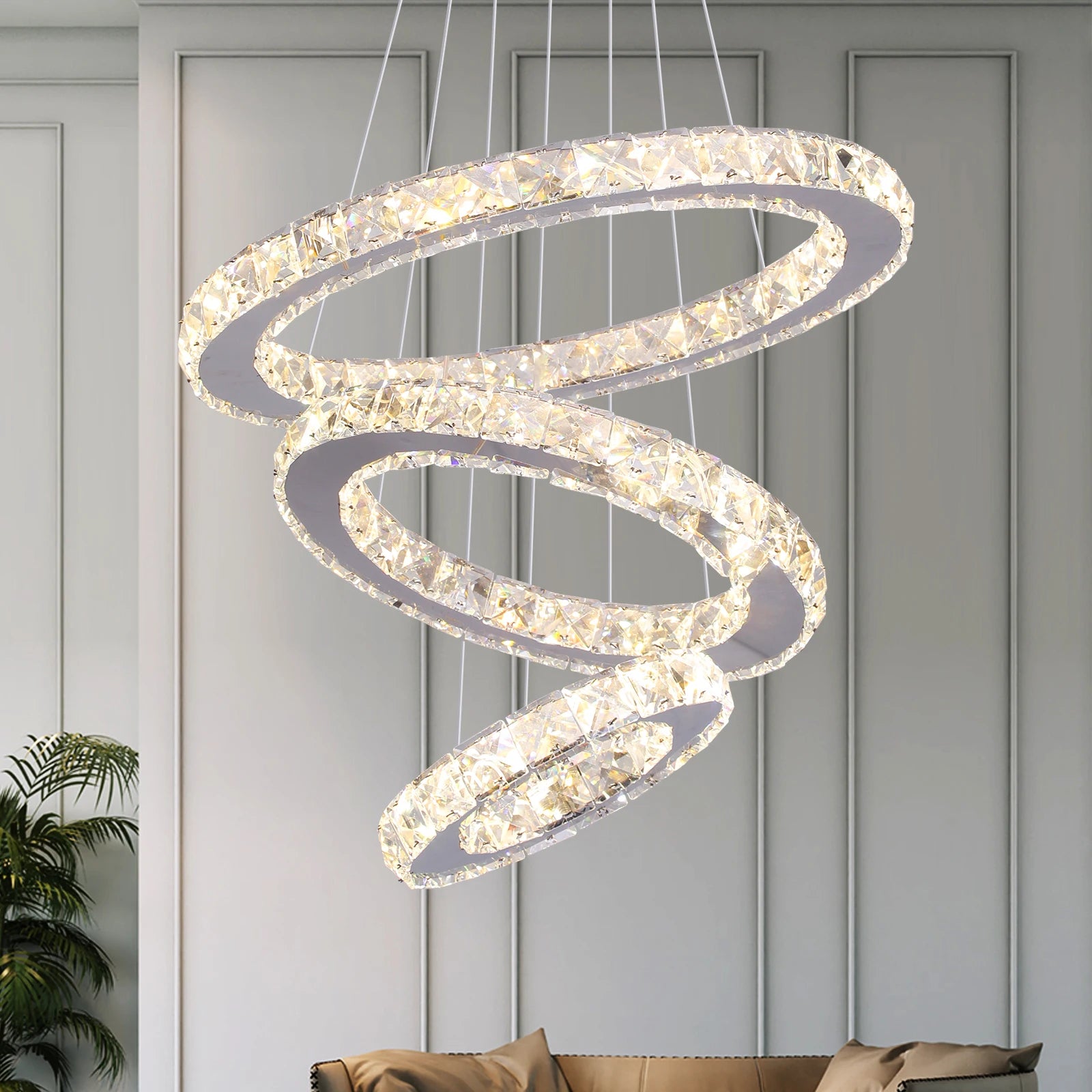 German Warehouse Customize Modern 47W Cool Light Hanging 3 Ring Crystal Chandelier Modern Ceiling Pendent Light
