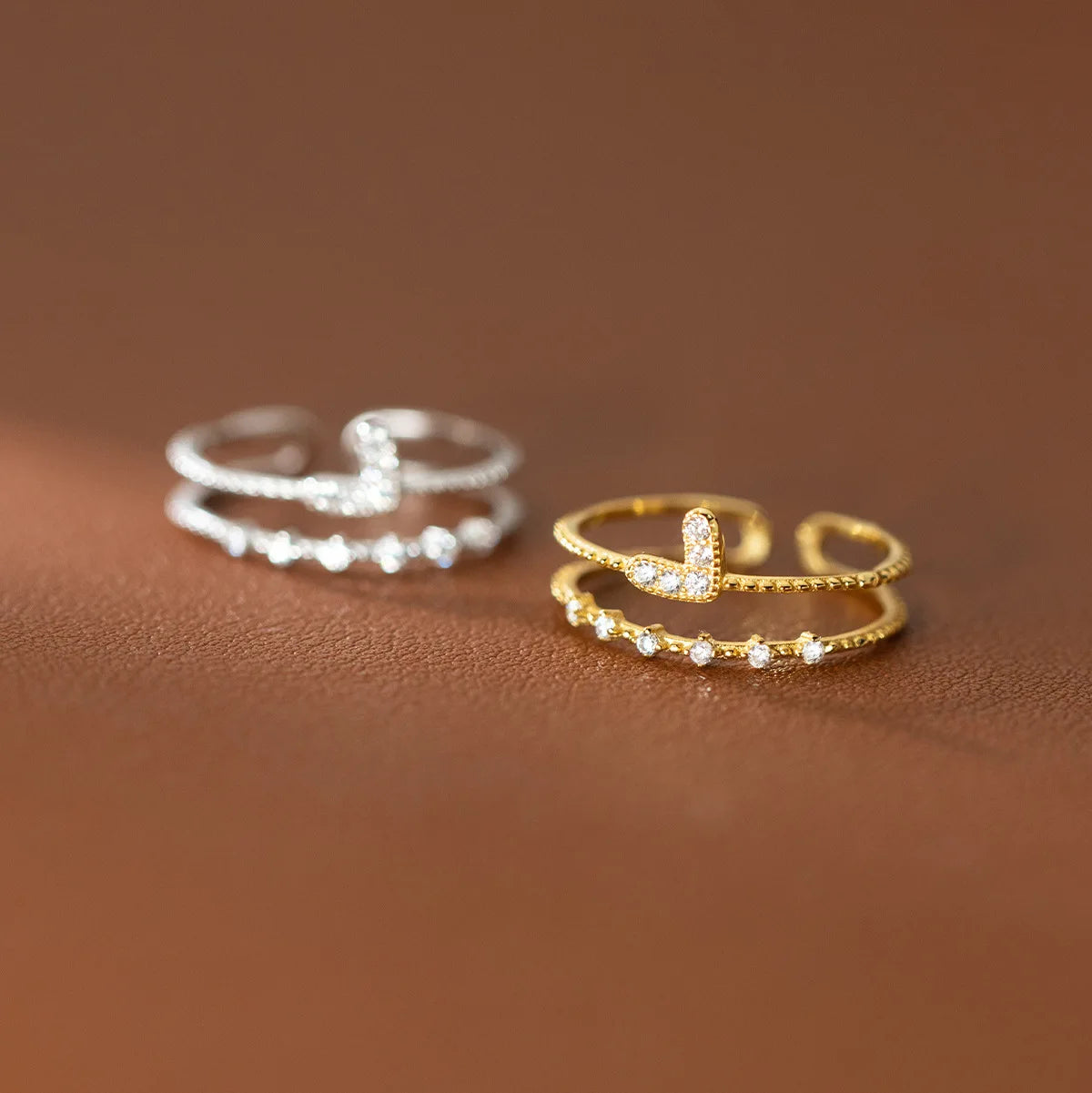 Cubic Zirconia Love Heart Shape Double Layer Adjustable Open 925 Sterling Silver Gold Plated Rings Women Fashion Jewelry