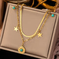 Fashion Retro Gold-Plated Turquoise Double Layer Stacking Multi-Element Pendant Eyes Shape Link Chain Unisex Necklace