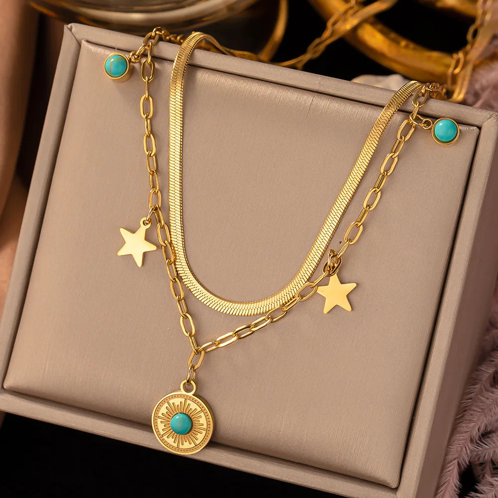 Fashion Retro Gold-Plated Turquoise Double Layer Stacking Multi-Element Pendant Eyes Shape Link Chain Unisex Necklace