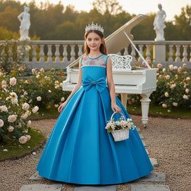 Pretty Children's Princess Dress for 10 Years Old Red Flower Girl Dresses for Weddings Big Bow Satin Girl Party Dresses