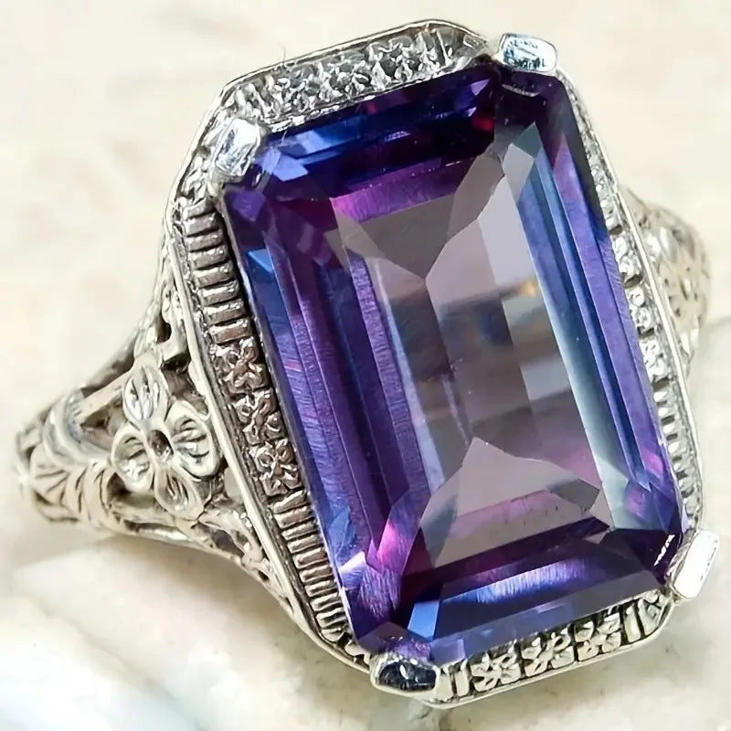 CAOSHI Manufacturer Gorgeous Big Rectangle Design Purple Crystal Hollow Band Rings for Silver Plated Engagement Ring for Women