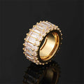 Hip Hop Iced Out Gold Plated Stainless Steel CZ Diamond Baguette Tennis Finger Ring for Men Women