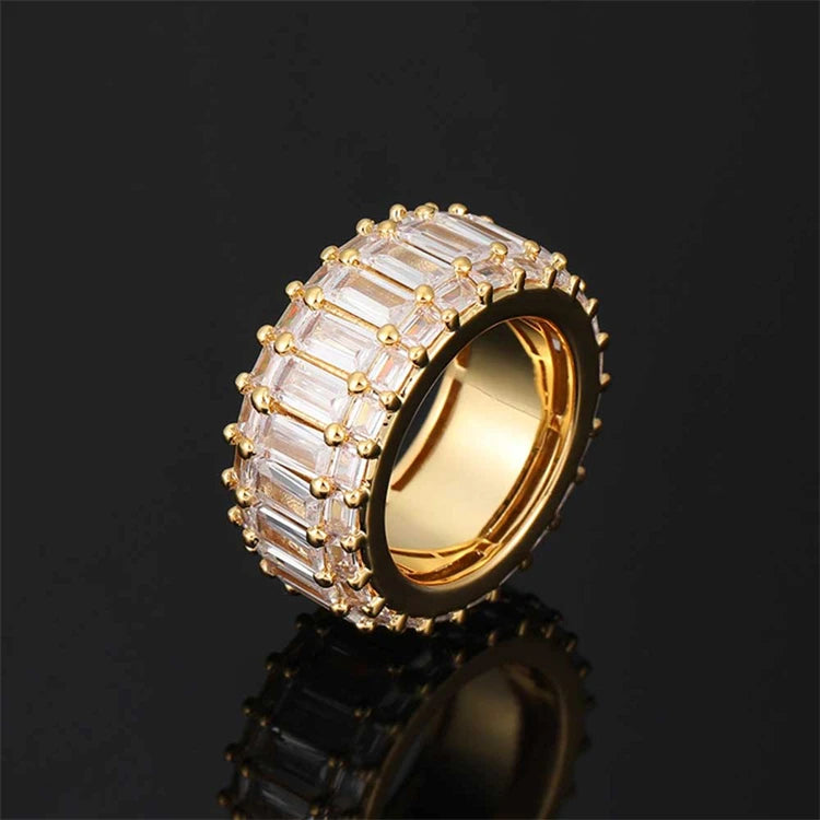 Hip Hop Iced Out Gold Plated Stainless Steel CZ Diamond Baguette Tennis Finger Ring for Men Women