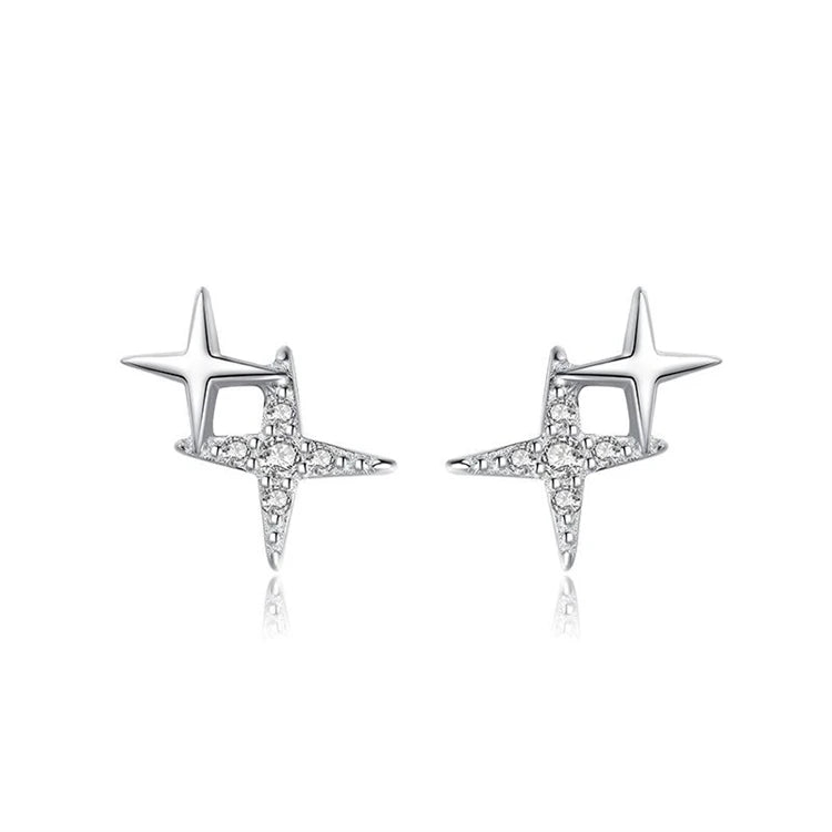 New Trendy 925 Sterling Silver Women Four-pointed Star Simple Fashion Diamond Star Stud Earrings