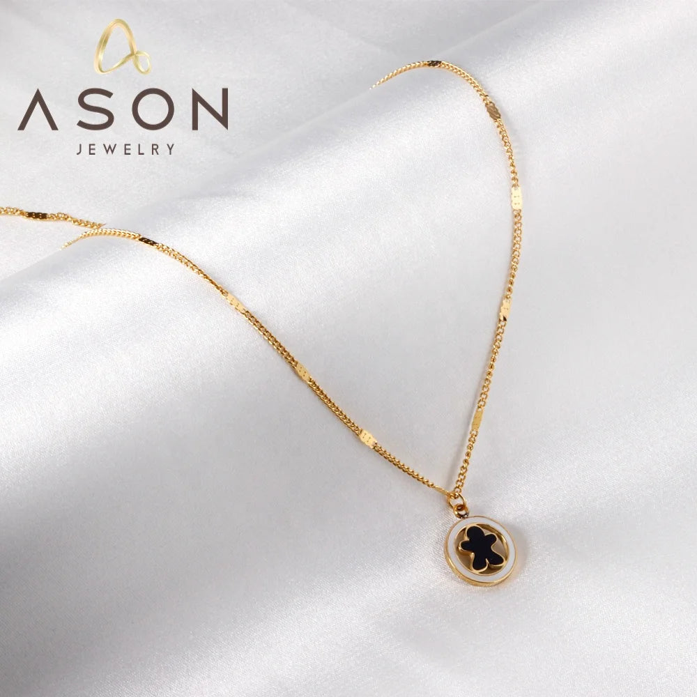 Ason Wholesale Fashion Stainless Steel Jewelry Necklace Round Black and White Shell Accessory Pendant Necklace