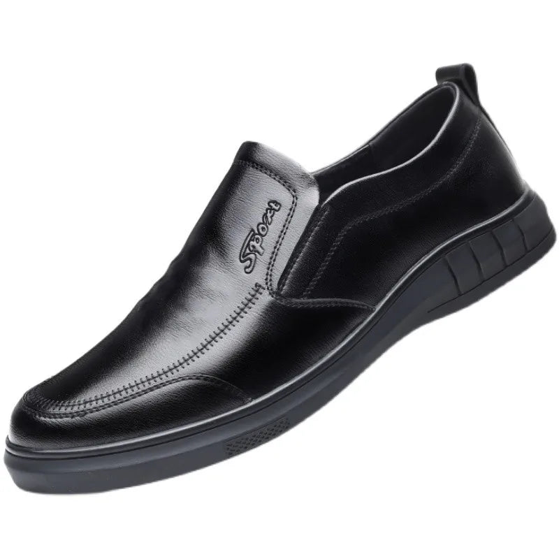 Spring New Leather Shoes Men's Pure Black Comfortable Breathable Casual Footwear a Stirrup Loafers Soft Bottom Non-slip Dad