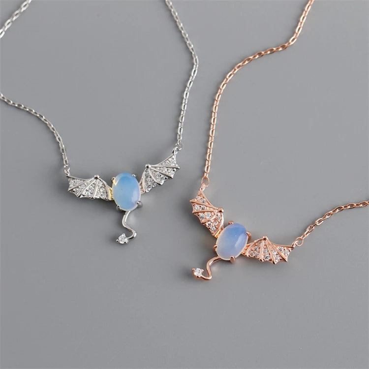 Fashion 925 Sterling Silver Moonstone Pendant Cute Animal Bat Necklace for Women Gifts