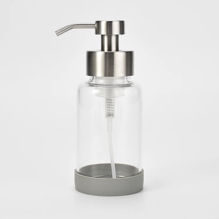 350ml 12oz Transparent Borosilicate Glass Foaming Soap Dispenser With Non-slip Silicone Sleeve and Silver Metal Foam Pump