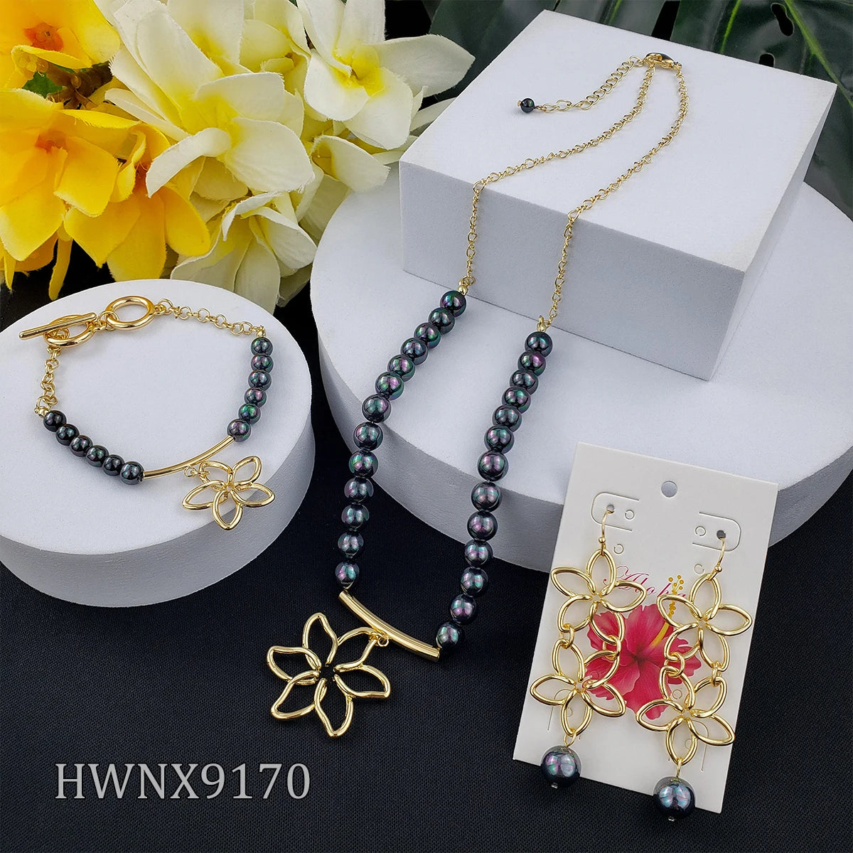 2023 New Hot Sale Hawaiian Necklace 3-pieces Set Fashion Flower Pendant Necklace  Earrings Set for Women Gift